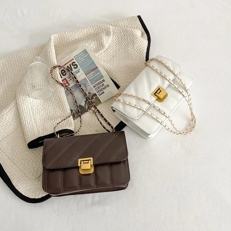 Small square PU shoulder bag with chain detail, single strap, soft horizontal crossbody in white black coffee khaki