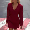 Long sleeve waist-cinching slim fit high-end dress in dark blue, regular sleeve, women's size S M L