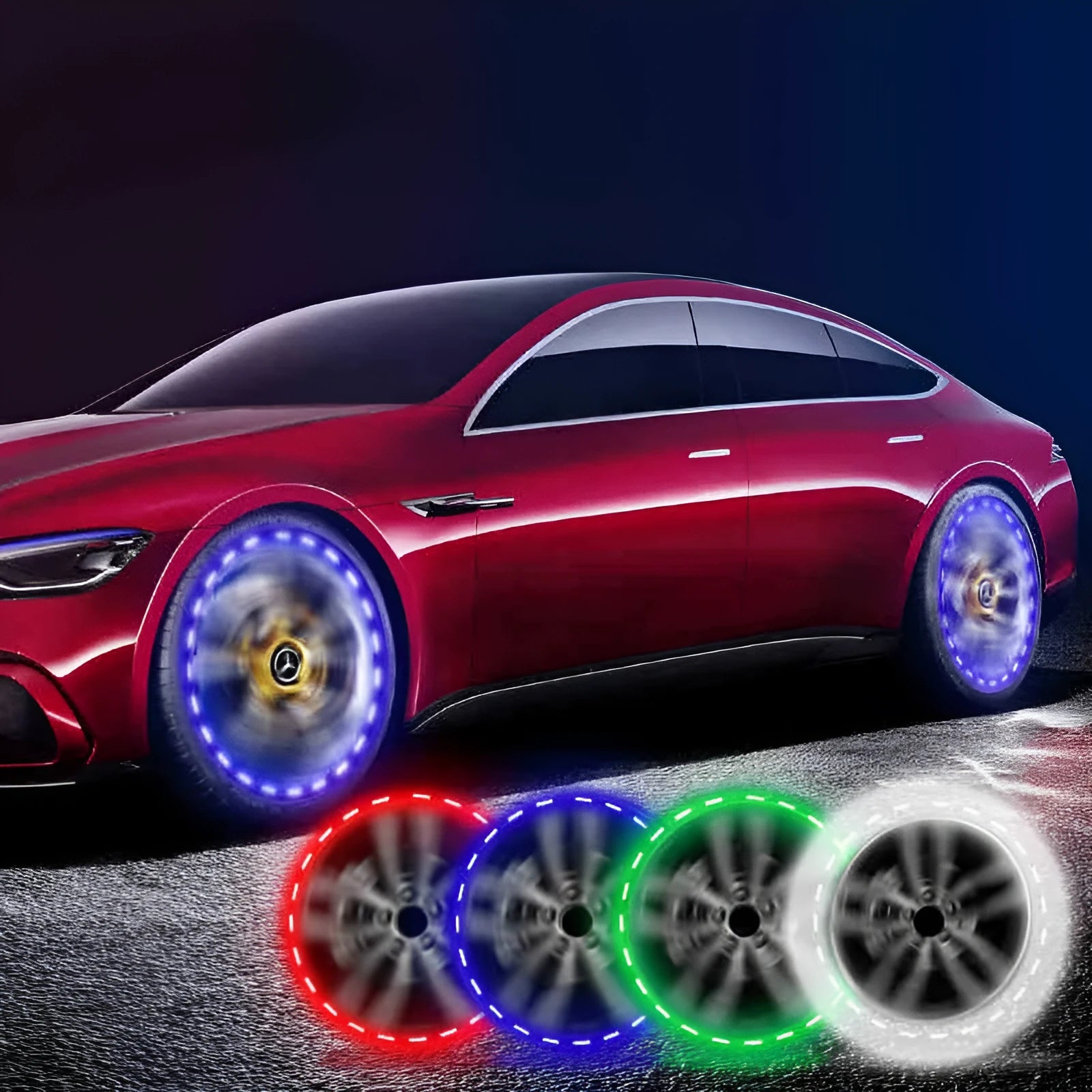 Colourful solar-powered LED valve light flashing on a car wheel hub.