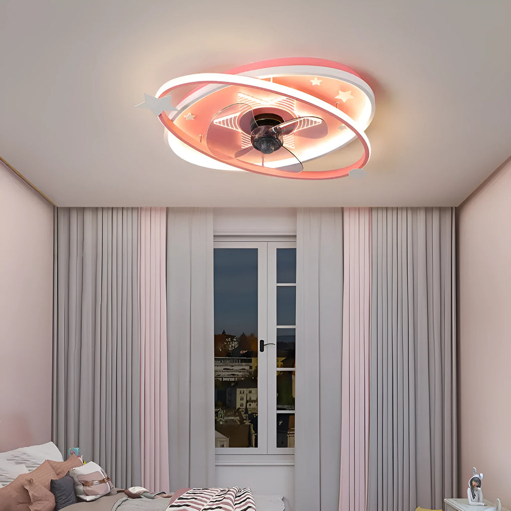 Modern iron children's bedroom chandelier with remote control and tri-colour LED lighting in blue or pink options