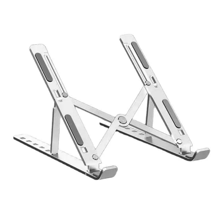 Silver aluminium alloy folding laptop stand shown supporting a laptop, with a black cloth storage bag beside it.