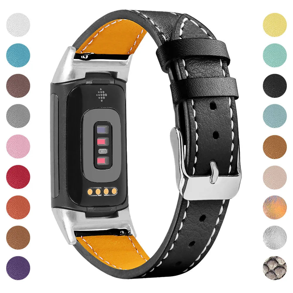 Genuine leather replacement strap for Fitbit Charge 5 and Charge 6 in multiple colour options.
