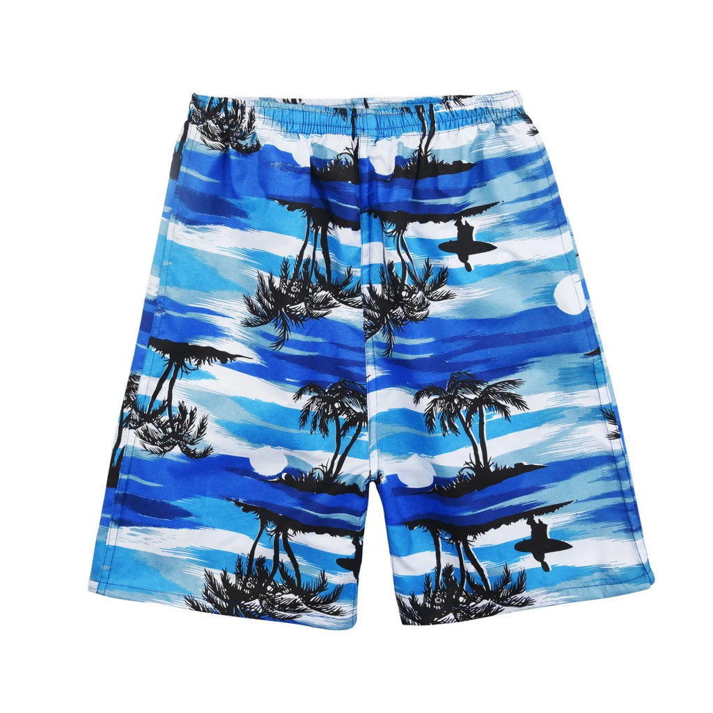 Men's floral print swimming trunks in polyester fabric shown in a free-size fit.