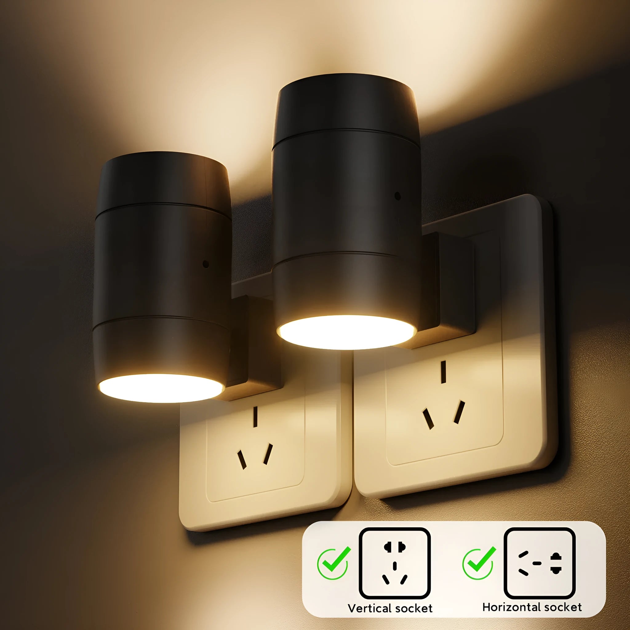 Small white plug-in induction night lamp with a rotatable head on a dark background.