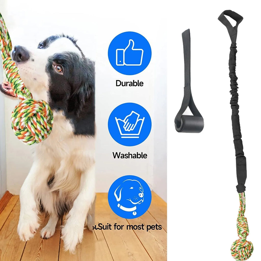 A woven cotton rope dog tug toy in either black, grey, or red, held ready for a game of tug-of-war.