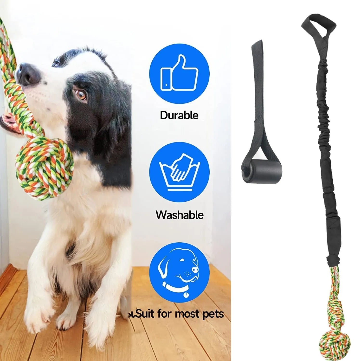 A woven cotton rope dog tug toy in either black, grey, or red, held ready for a game of tug-of-war.