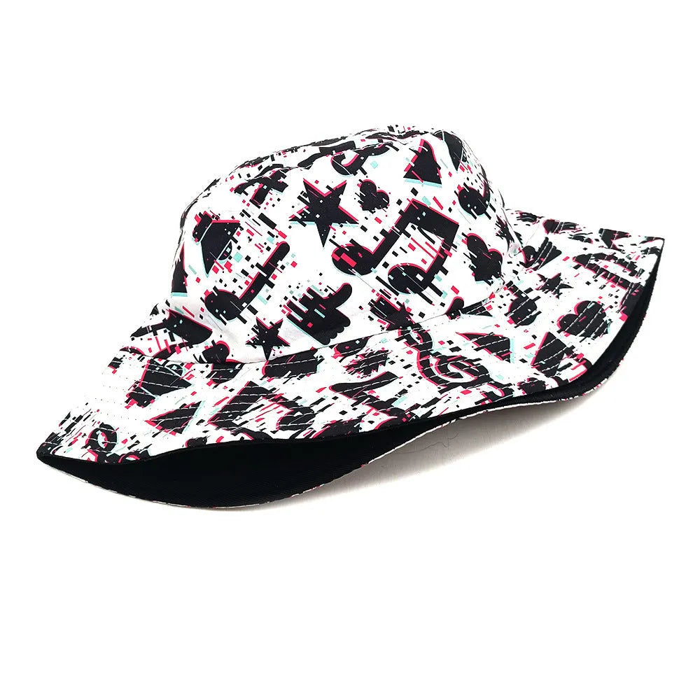 White bucket hat with black musical note pattern print, dome crown, and medium size label.