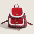 Red plaid lamb wool textured lightweight commuting handbag with stitching and PU leather finish