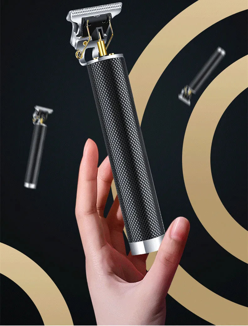 Black rechargeable electric hair clipper with four comb attachments and a cleaning brush.