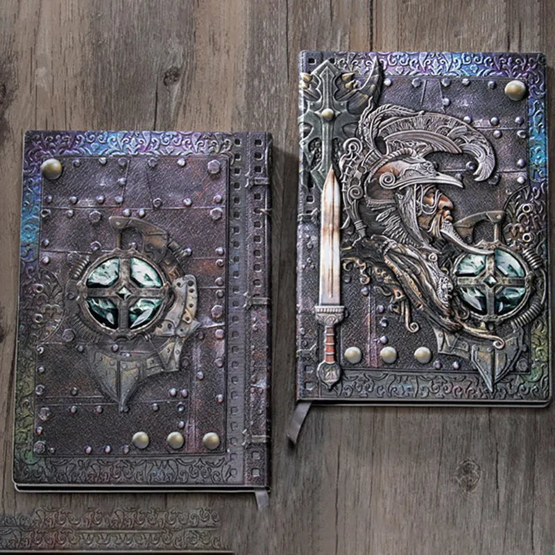 Handmade leather A5 notebook with 3D warriors relief embossing on the cover in bronze colour