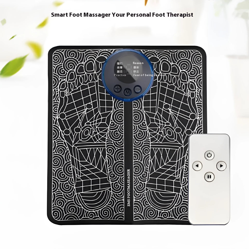 Micro-current foot massage cushion with wireless remote control and LCD display showing massage modes