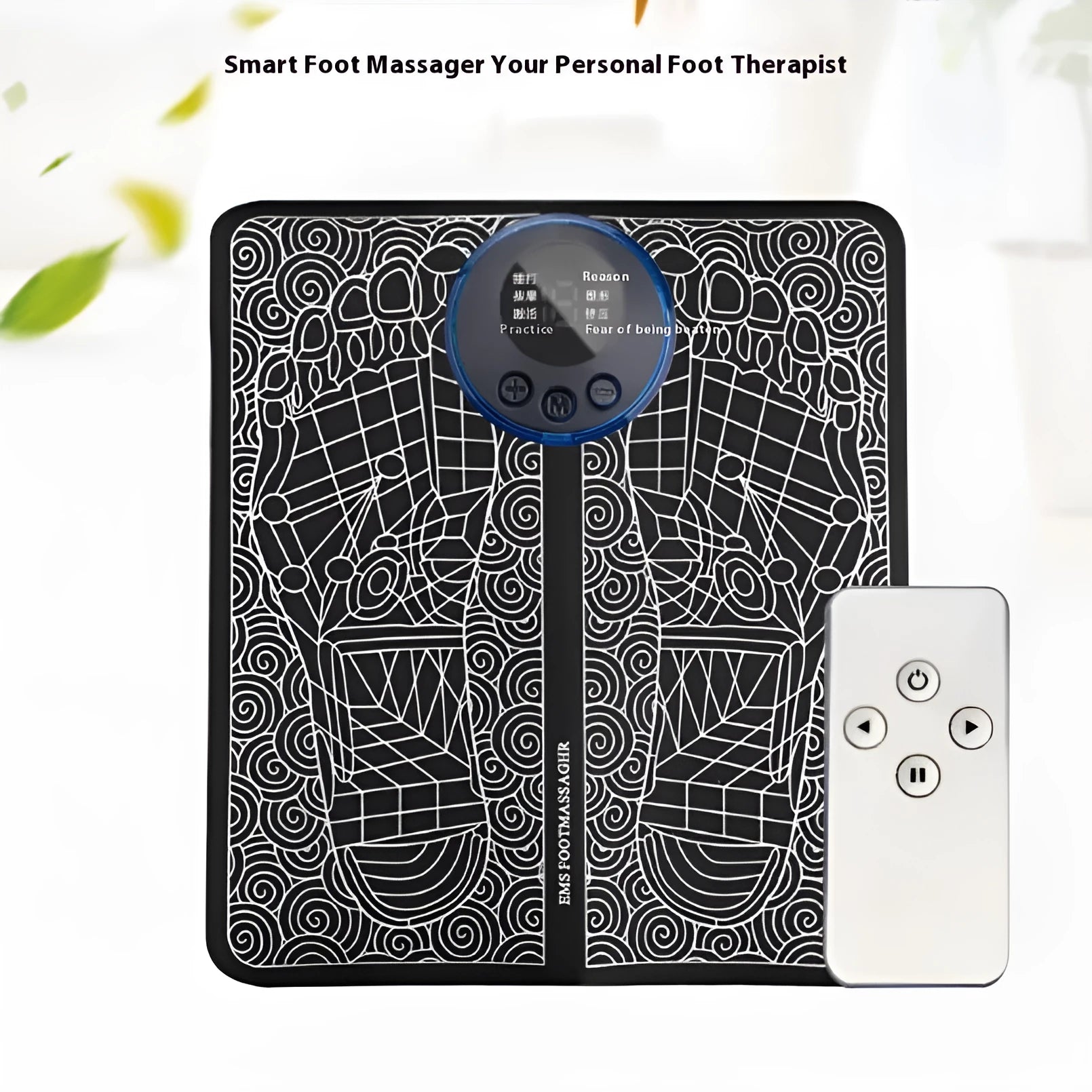 Micro-current foot massage cushion with wireless remote control and LCD display showing massage modes