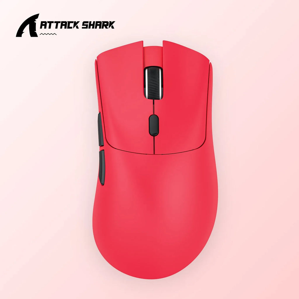 Attack Shark wireless triple-mode gaming mouse in black, white, or red with ergonomic design