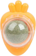 Blue carrot-shaped catnip ball toy with self-adhesive backing for wall mounting and cat teeth cleaning