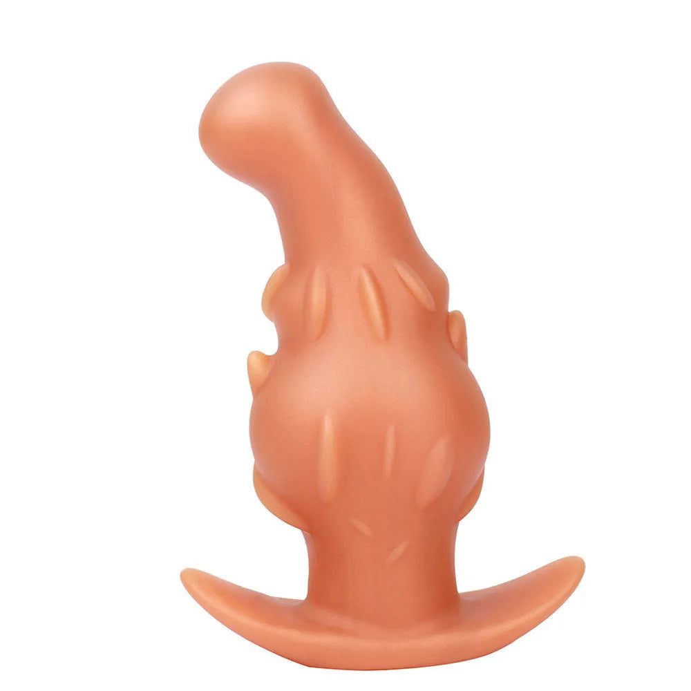 Adult unisex silicone masturbator in purple, gold, or black, available in S, M, L, XL sizes.
