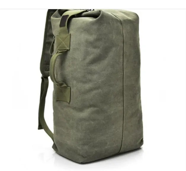 Canvas outdoor climbing backpack in khaki large size with double shoulder straps and car-suture detailing
