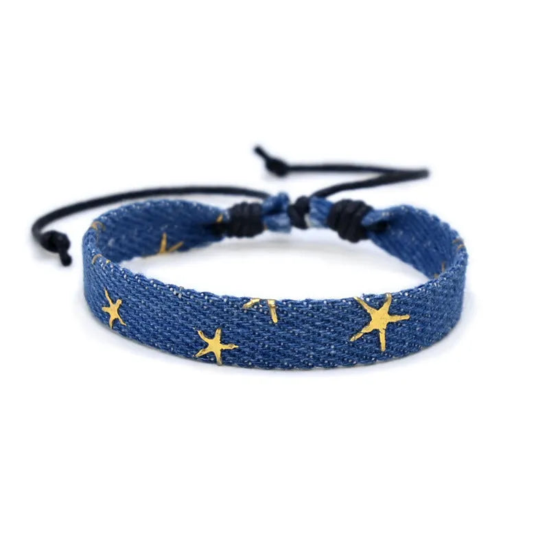 Denim fabric bracelet strap with national style design for unisex wear