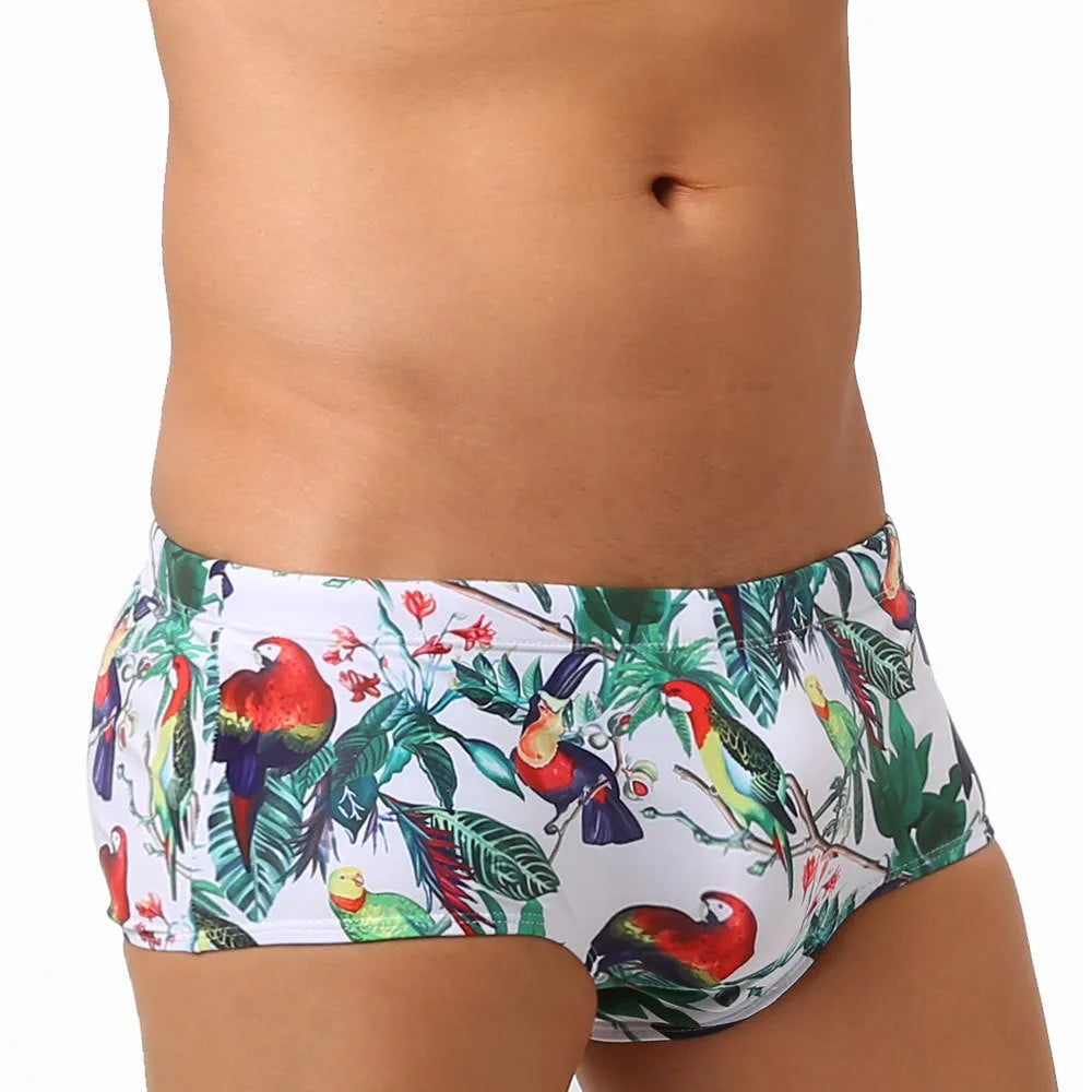 Men's flower-bird print swimming trunks in nylon fabric with cup cover detail