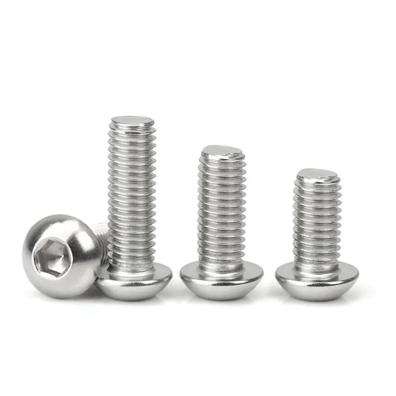 Stainless steel half round head pan head hexagon screw with hexagon socket drive on a white background