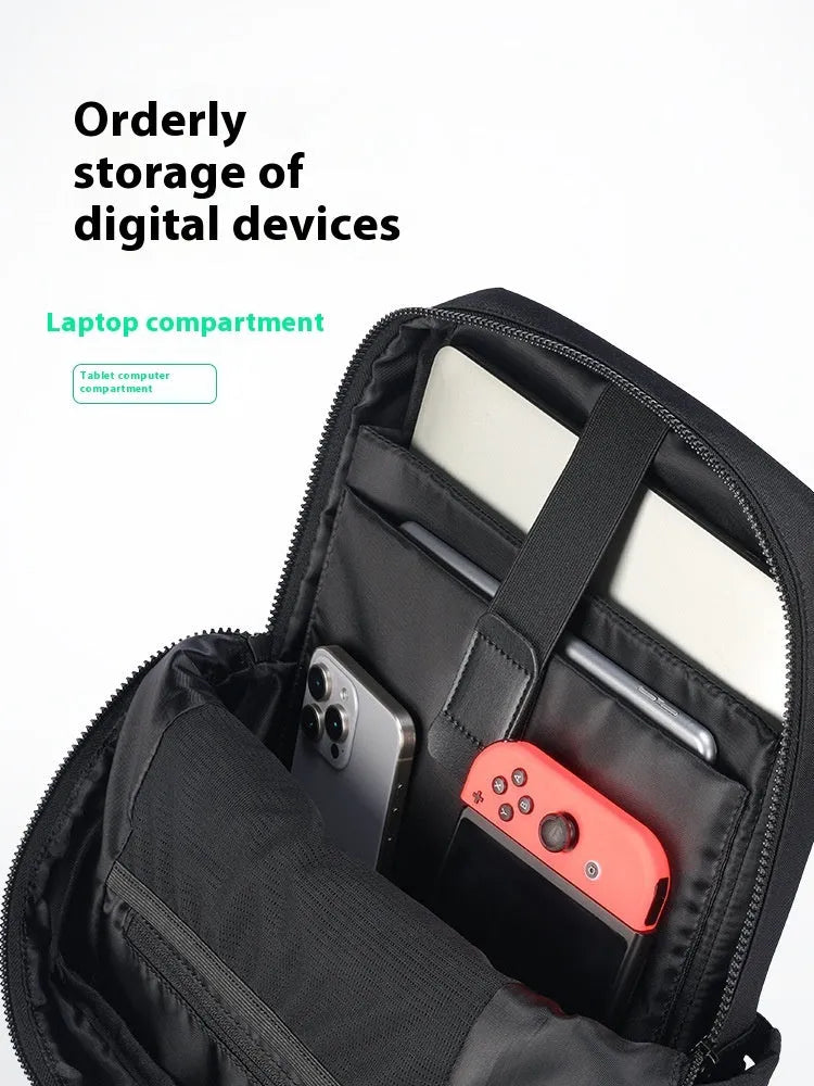 Black Oxford cloth computer backpack showing organisational storage compartments and laptop section