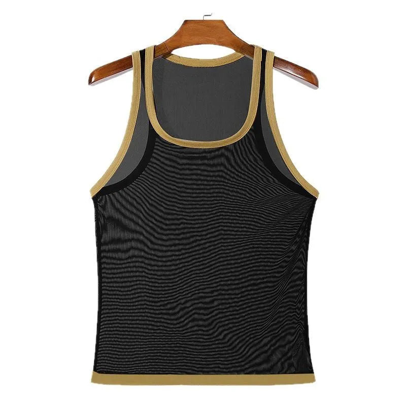 Men's white polyester mesh fitness vest with straight hem design for sports training