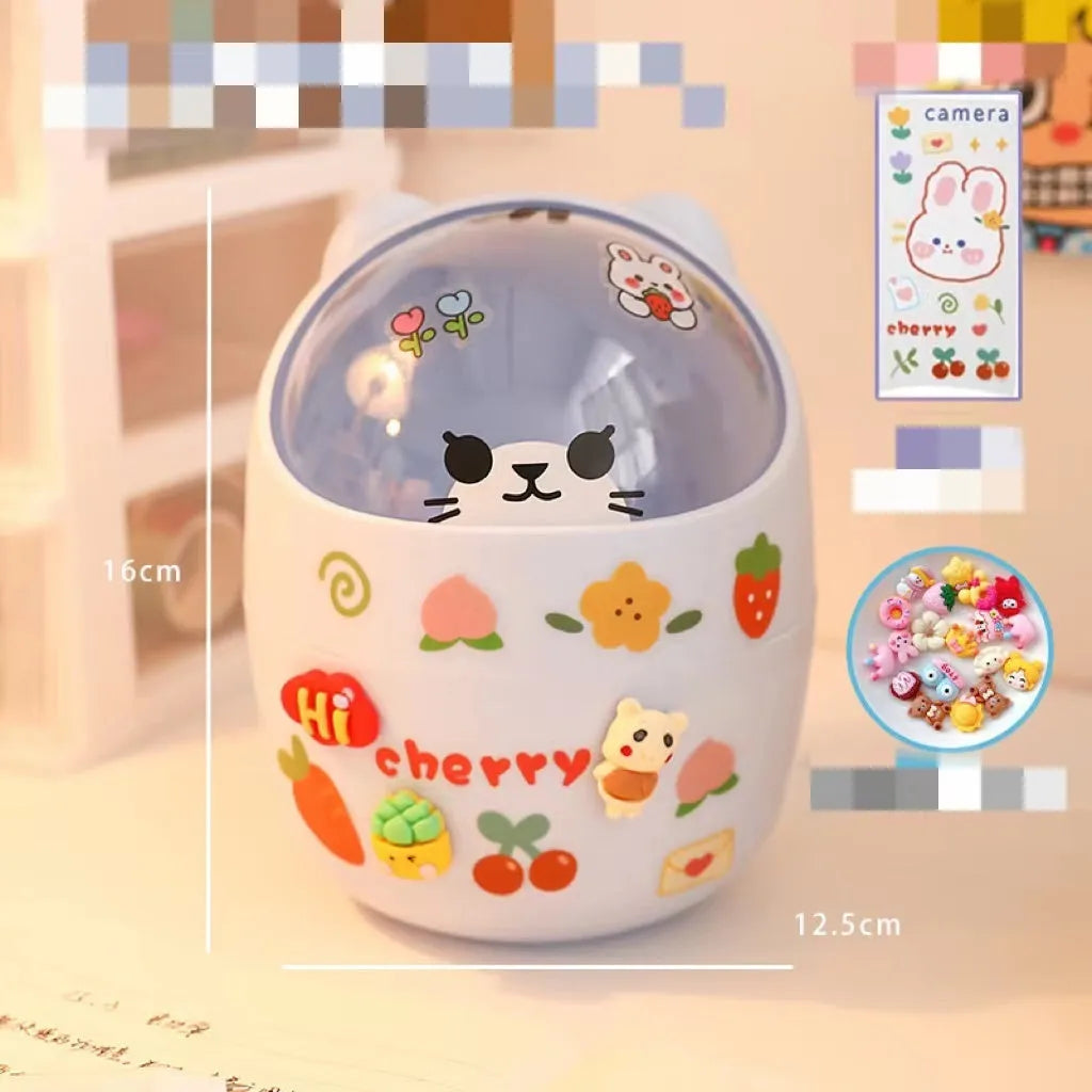 Plastic mini bear shaped desktop trash can with press-type lid in beige gray, includes stickers and garbage bags