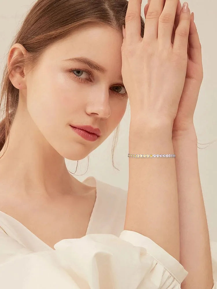 S925 sterling silver two-tone zircon bracelet with round geometric links and electroplated finish