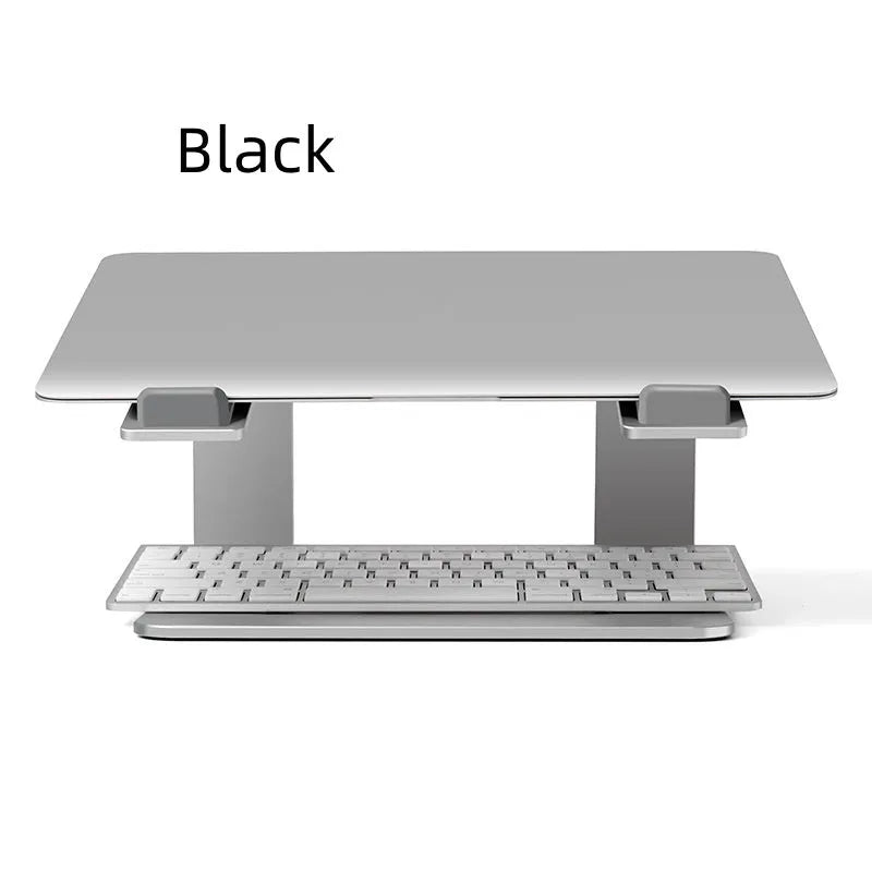 Black aluminium alloy laptop stand on desk showing dimensions and open-frame design