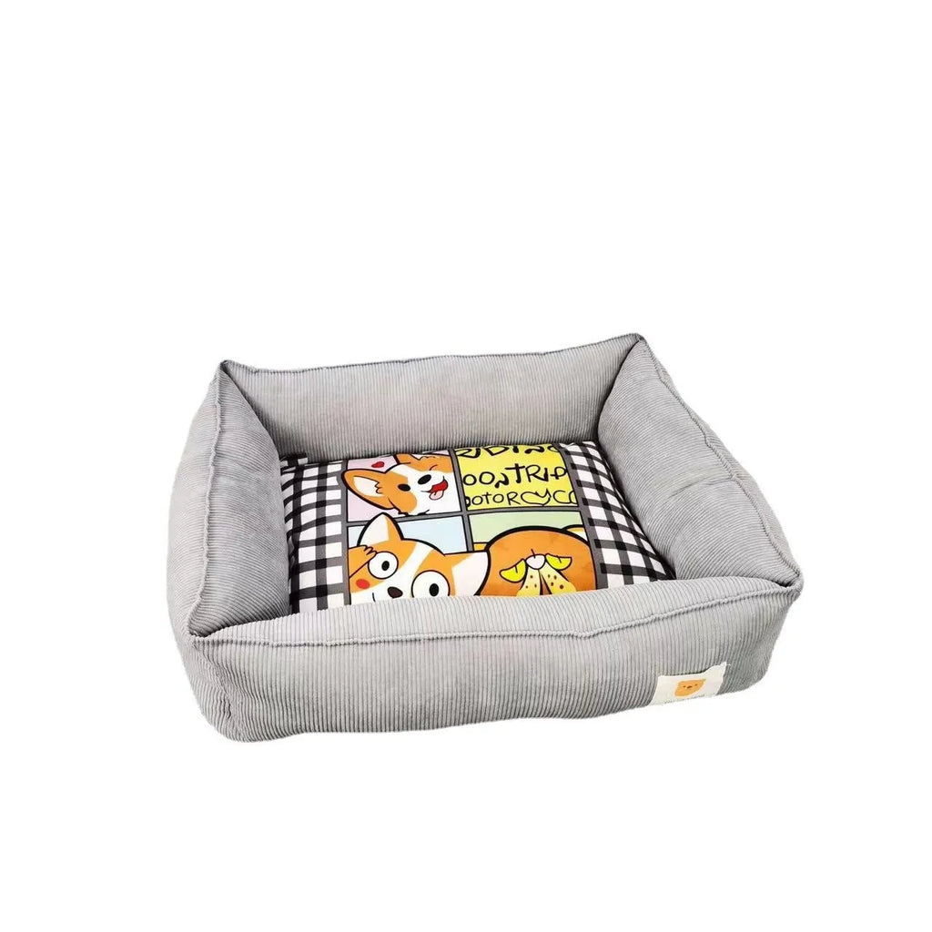 Light blue pet nest for dogs and cats on a wooden floor, showing its plush fabric and padded sides.