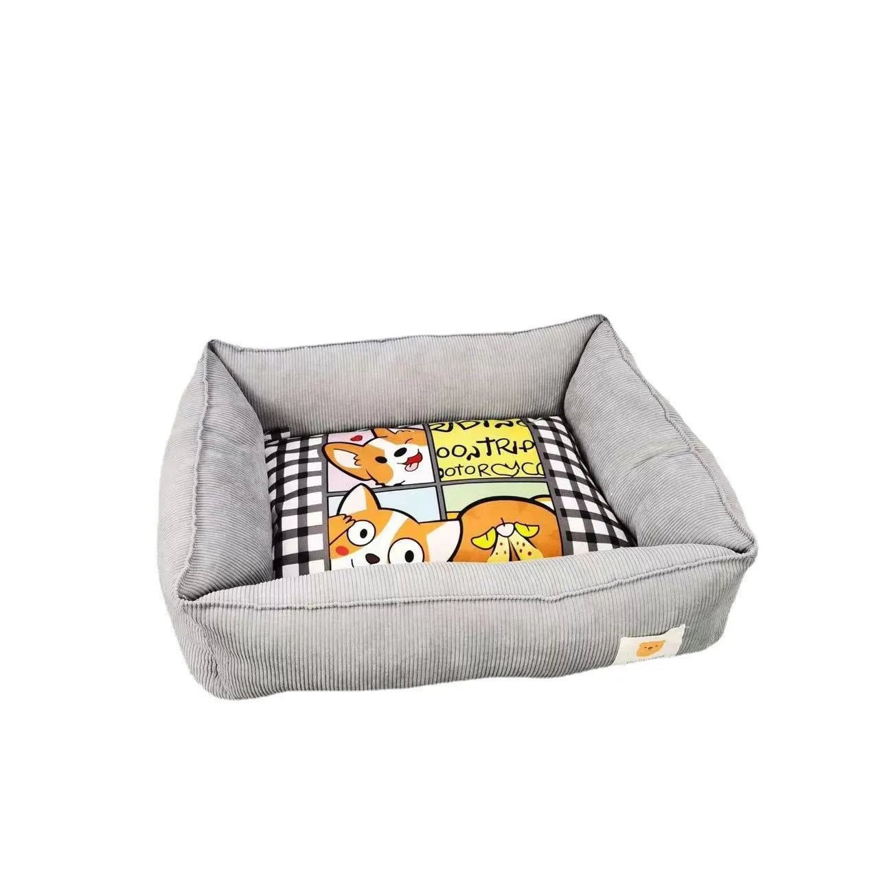Light blue pet nest for dogs and cats on a wooden floor, showing its plush fabric and padded sides.