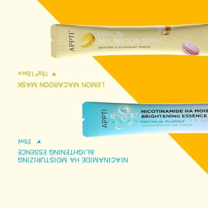 15g peel-off facial mask powder with Vitamin C and lemon extract, available in Lemon and Niacinamide options