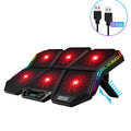 Black and red laptop cooling pad with six visible fans and a USB cable.