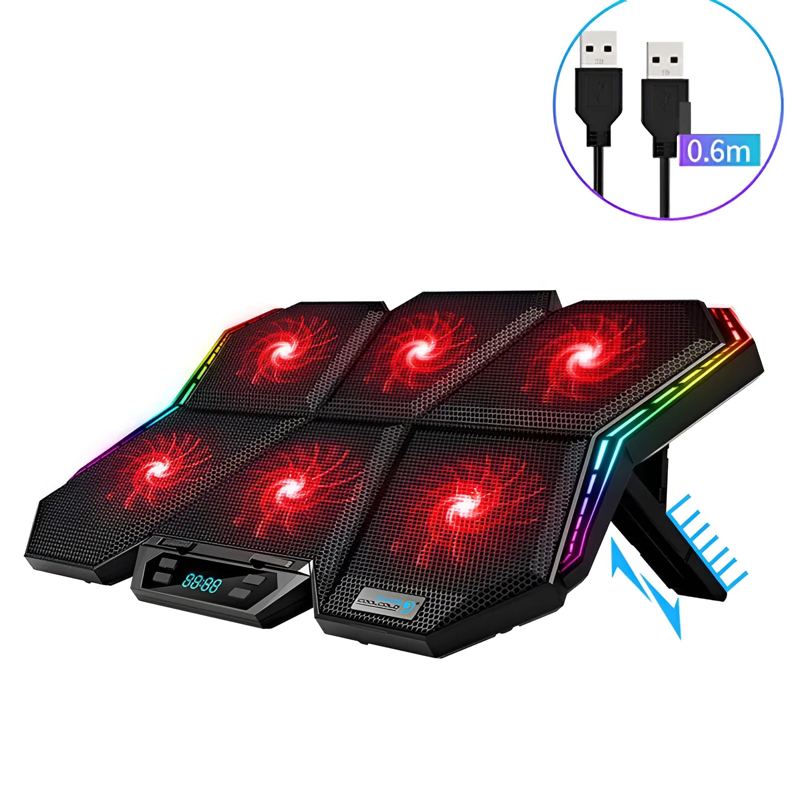 Black and red laptop cooling pad with six visible fans and a USB cable.