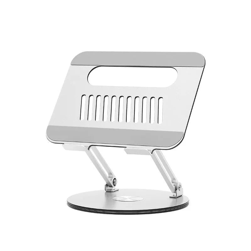 Silver aluminium laptop stand folded flat showing rotatable mechanism