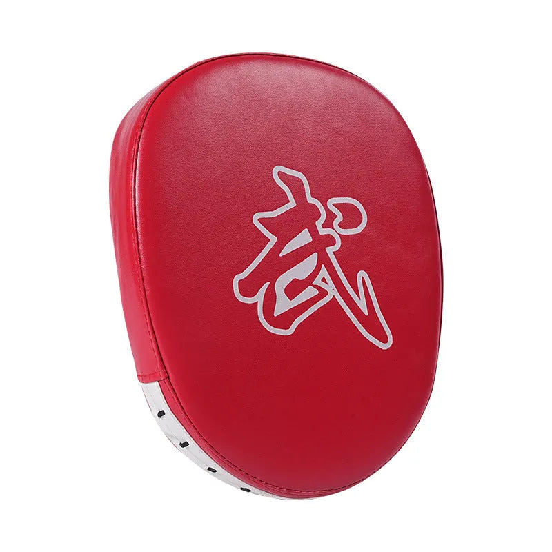 A pair of vertical boxing punch mitts or focus pads, showing curved and flat hand target design options in various colour combinations.