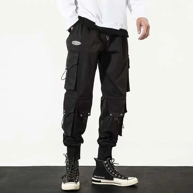 Men's black baggy cropped cargo pants with bound hem, side cargo pockets, size M to 5XL