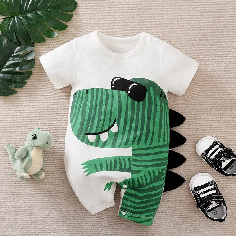 Cotton short sleeve baby romper with cartoon frog print, available in multiple sizes from 0-3 to 9-12 months