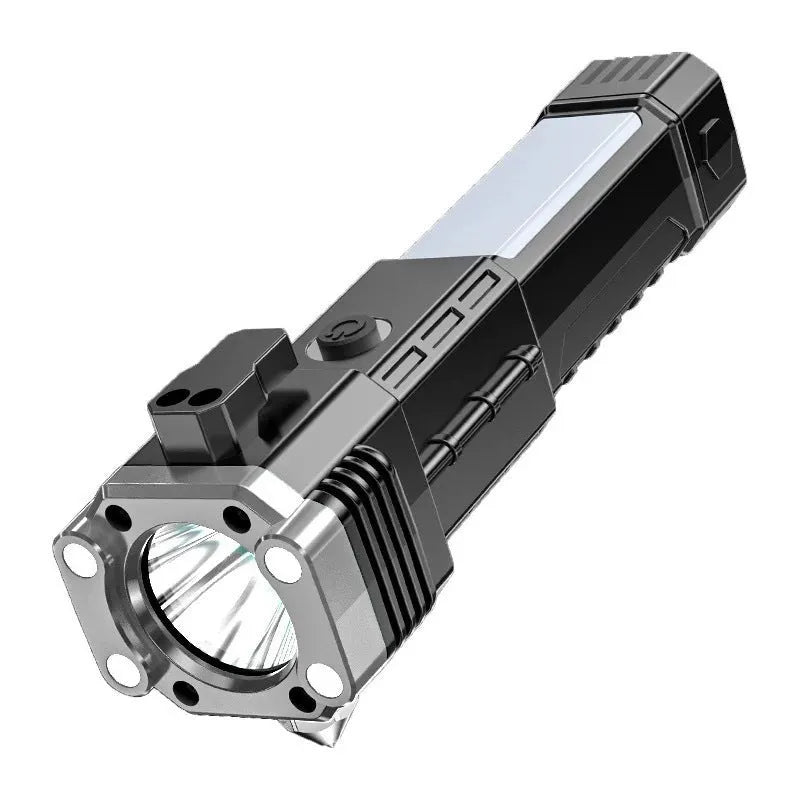 Silver plastic LED flashlight with power bank functionality and IP44 splash protection rating