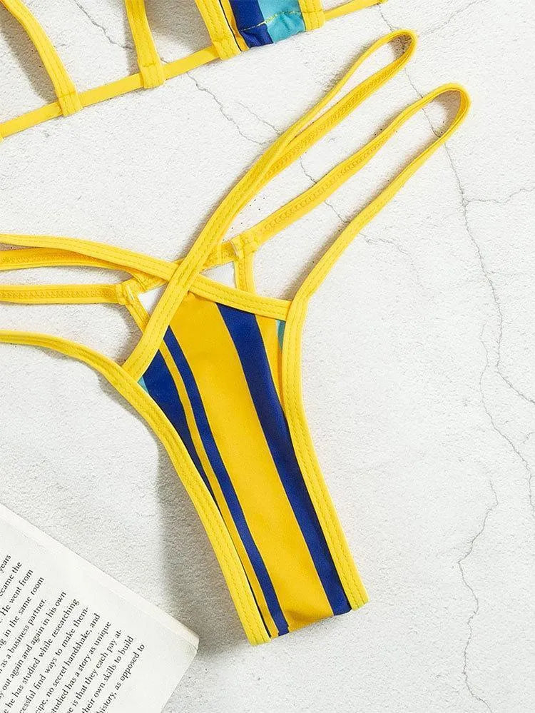 Yellow women's high-waisted split swimsuit with backless design and quick-drying polyester fabric