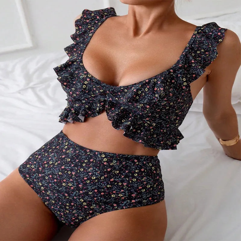 Women's floral flounce split swimsuit, backless two-piece in polyester, available in multiple colours.