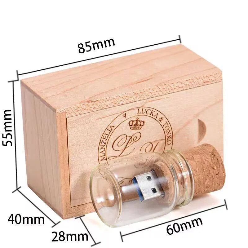 Wooden Wish Drift Bottle shaped USB flash drive with transparent casing and wooden detail, shown next to a scale for size.
