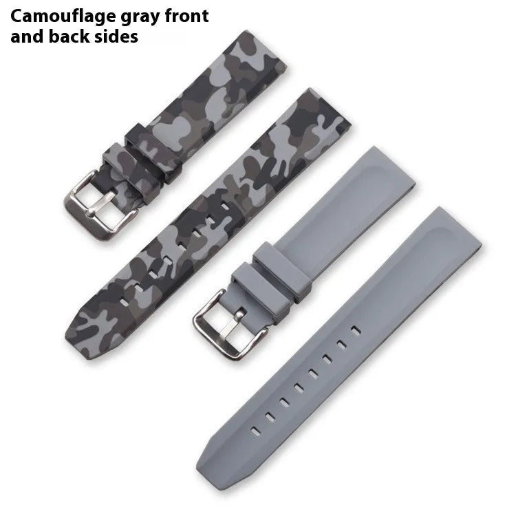 Blue, green, and grey camouflage patterned silicone watch strap shown in 20mm, 22mm, and 24mm width options.