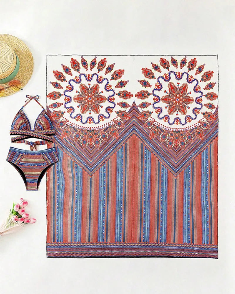 Women's three-piece swimsuit set in pictured colour, showing cutout top, high-waist shorts, and short-sleeved cover-up coat laid flat.