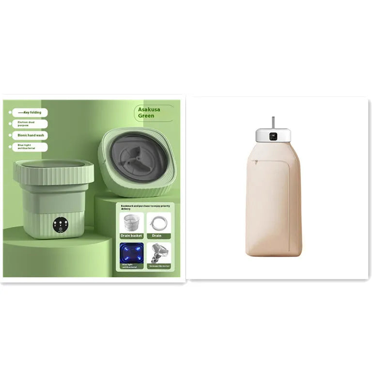 White cylindrical portable clothes dryer with remote control, folded for compact storage