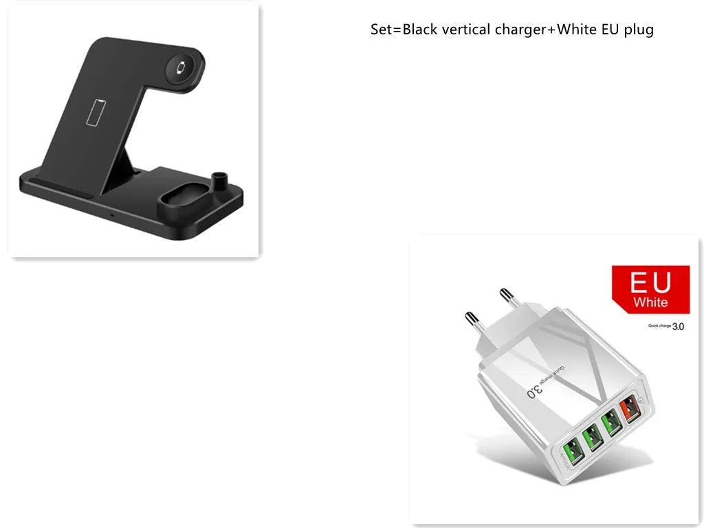 4-in-1 wireless charging dock showing iPhone, Apple Watch, AirPods and Apple Pencil charging simultaneously on adjustable stand.