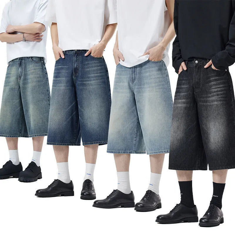 Men's cotton denim straight-leg summer shorts in loose cropped fit available in multiple colours