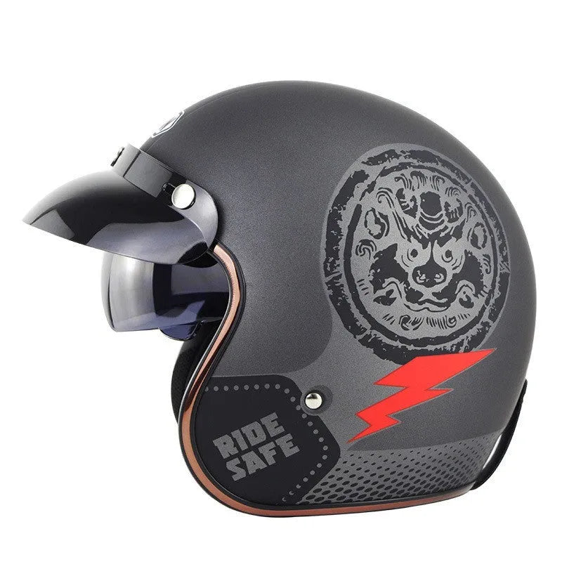 Retro outdoor half helmet for electric bike riding in ABS plastic, shown in multiple colours and sizes.