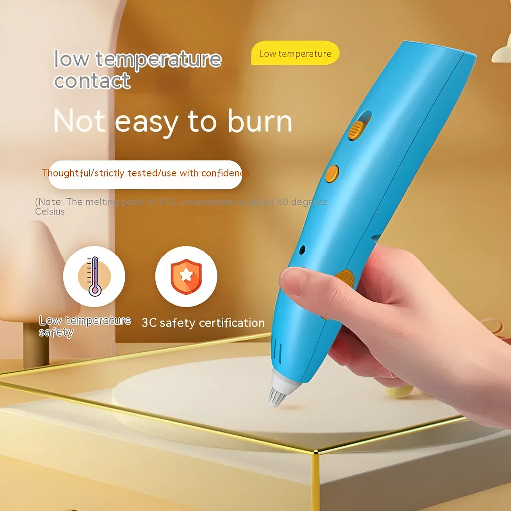 Wireless 3D printing pen for children in blue on white background, 142x29x26mm plastic design