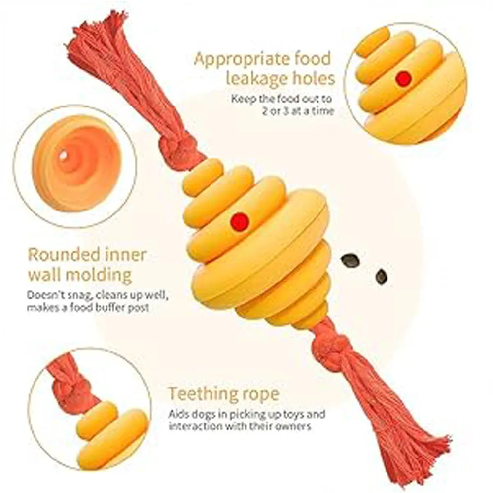 Green and yellow split spiral dog ball toy with rope for tug of war and treat dispensing