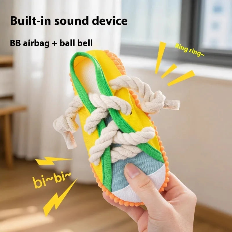 Plastic dog slippers chew toy with self-hi sound in yellow, black or blue colour options